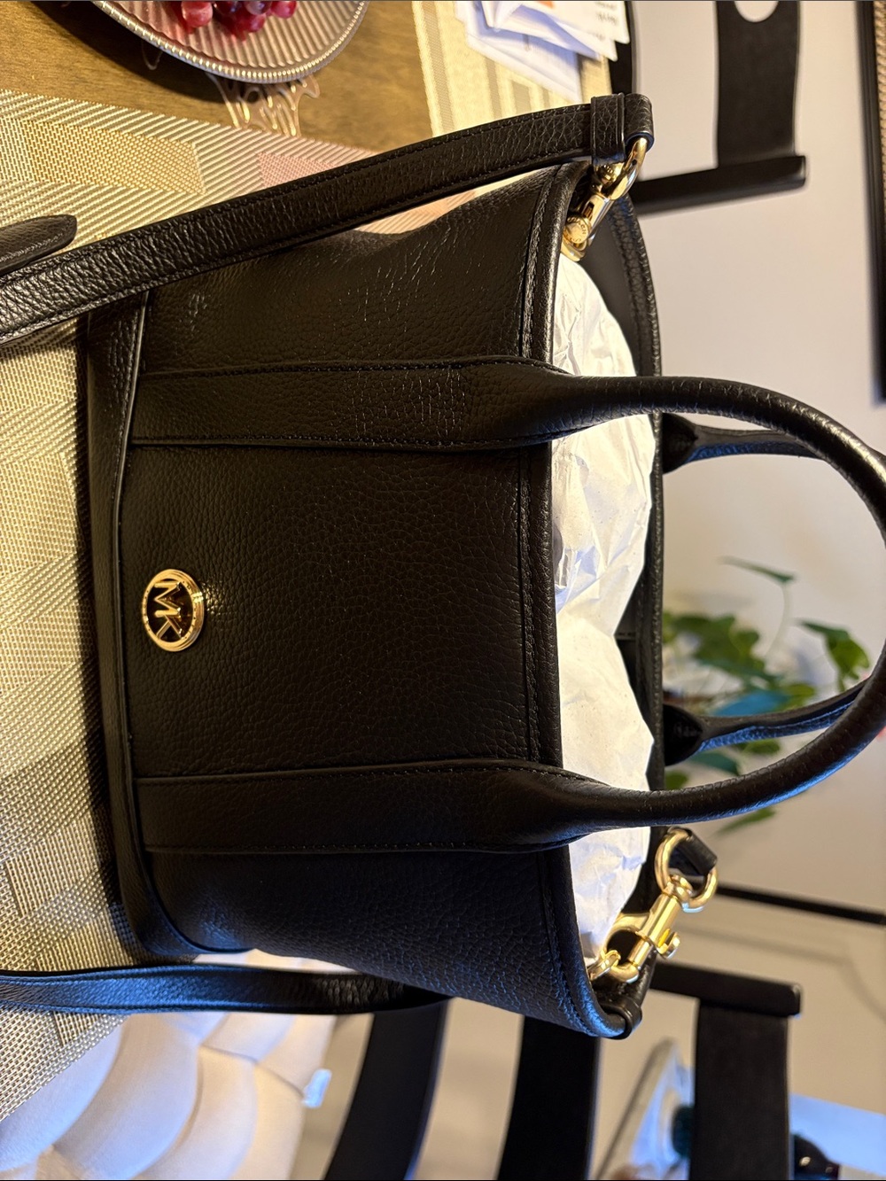 MICHAEL Michael Kors Black Leather Satchel with Gold Hardware